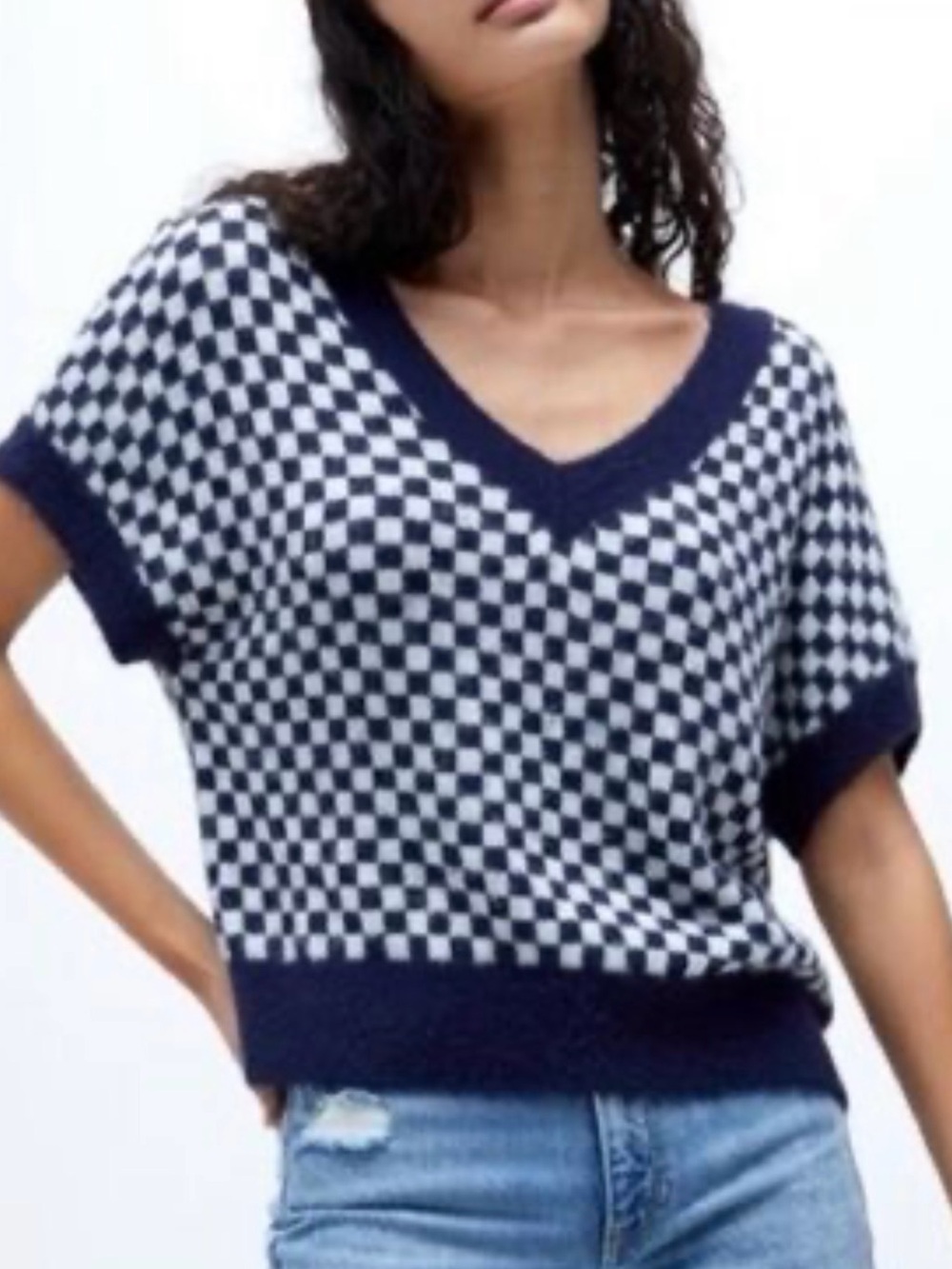 Free People Navy and White Checkerboard V-Neck Sweater